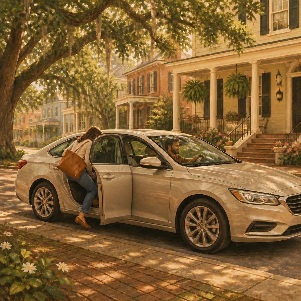 A passenger getting into a sedan for a rideshare pickup